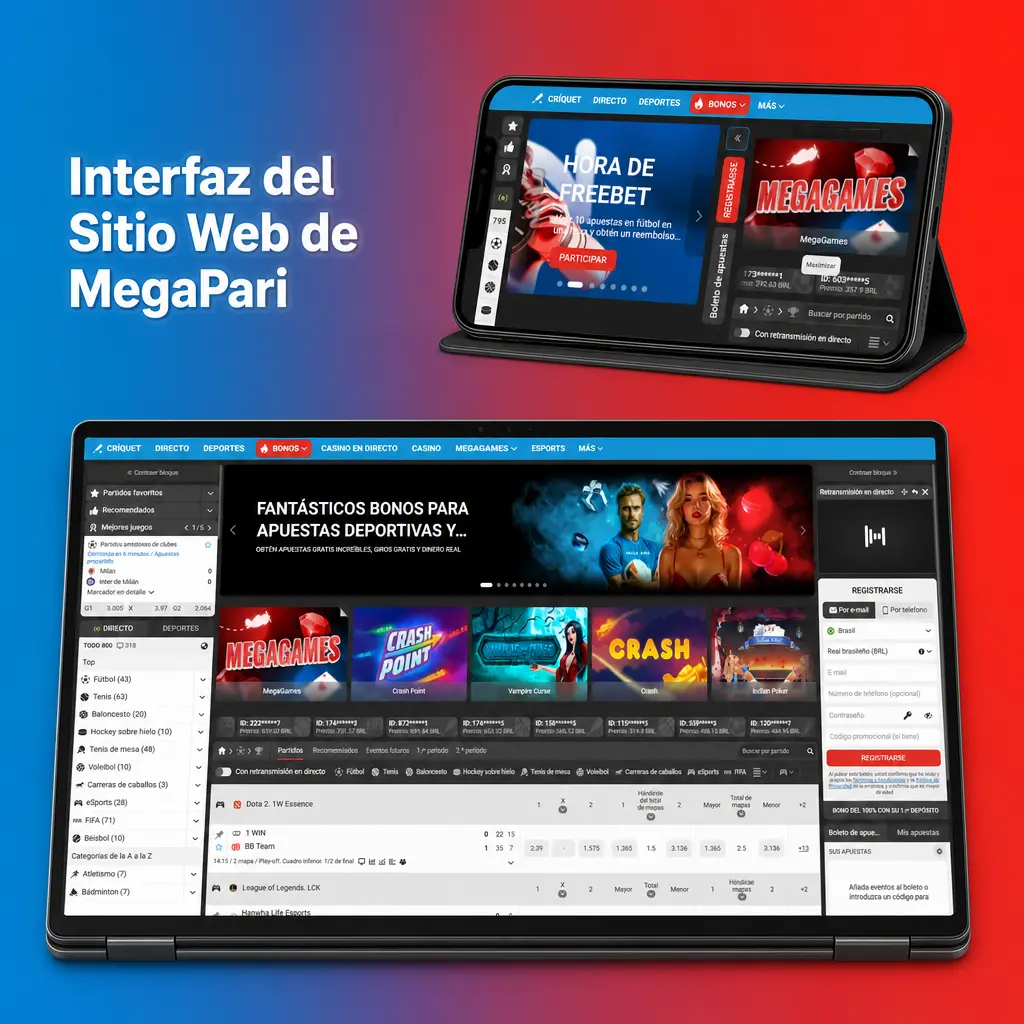 Interfaz del sitio web de MegaPari con barra de navegación para deportes, casino, promociones y cuenta de usuario
